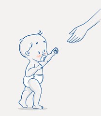Cute baby boy reaching for mother's loving hand. First steps. Cartoon vector illustration