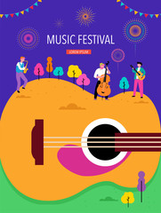 Summer fest, concept of live music festival, jazz and rock, food street fair, family fair, event poster and banner. People dance and play music. Vector design and illustration