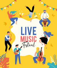 Summer fest, concept of live music festival, jazz and rock, food street fair, event poster and banner. People dance and play music. Vector design and illustration