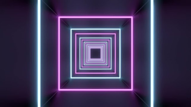 Square Tunnel Loop of abstract neon lights passing in front of the screen
