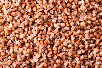 Cooked buckwheat groats background. The view from the top