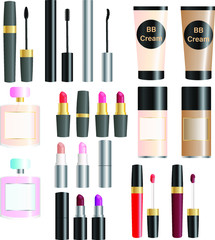Obraz premium Set of packages for decorative cosmetics. Base for makeup, bb cream, mascara, lipstick, lip gloss.