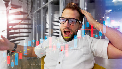 Excited Young Male of Trader Have Successful Day at the Stock Exchange Office. Dealer or Broker Buy and Sell Stock on the Market, Celebrate Profitable Transaction. Technical price graph and indicator