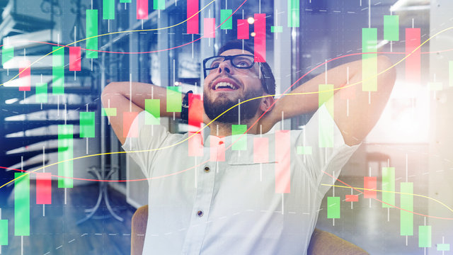 Excited Young Male Stock Market Broker. Success. Technical price graph and indicator, red and green candlestick chart and stock trading computer screen background. Double exposure.  - Powered by Adobe