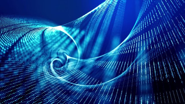 4k looped abstract background of glow particles form lines, surfaces as futuristic landscape in cyberspace or hologram. Sci-fi theme of microworld, nanotechnology or cosmic space. Blue stripes 18