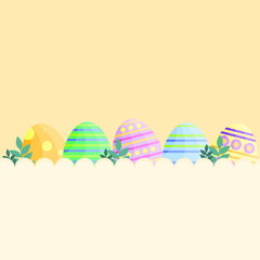 This is vector flat happy Easter Day background. Cute card with Easter eggs and leaves on yellow background.