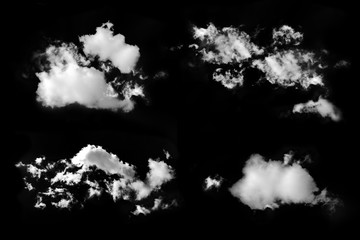 Clouds set isolated on black background. White cloudiness, mist or smog background.