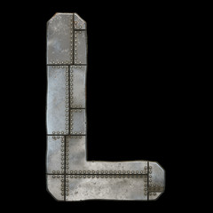Industrial metal alphabet letter L on black background 3d