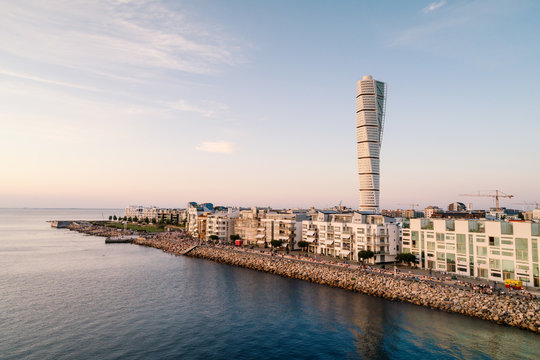 Scenic view of turning torso in malmo city against sky