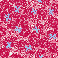 Vibrant pink flowers and blue butterflies seamless vector pattern. Decorative feminine surface print design.