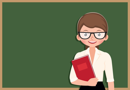 Young woman teacher standing by the blackboard holds a textbook in hand vector cartoon illustration