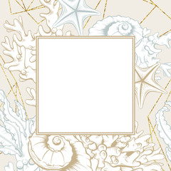 Square Frame with Golden Seashells. Isolated vector poster with contour drawing sea shells for wedding design and thank you cards templates.