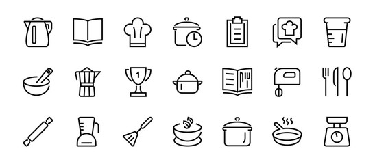 Set of icons for cooking and kitchen, vector lines, contains icons such as a knife, saucepan, boiling time, mixer, scales, recipe book. Editable stroke, perfect 480x480 pixels, white background - obrazy, fototapety, plakaty