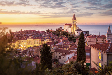 View over Piran old town in the evening, Slovenia