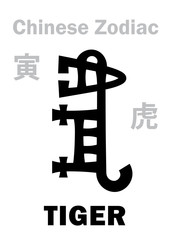 Astrology Alphabet: TIGER [虎] sign of Chinese Zodiac. Also: White Tiger, Legendary auspicious beast, Guardian of The West, Lord of mountains and wild beasts. Character, hieroglyphic sign (symbol).