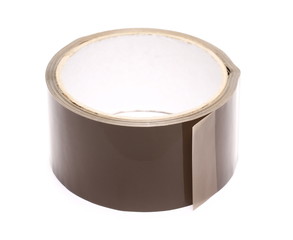 Brown cardboard duct, repair tape roll isolated on white  