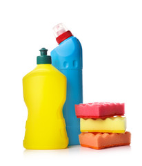 Cleaning products isolated on white background