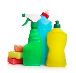Cleaning products isolated on white background
