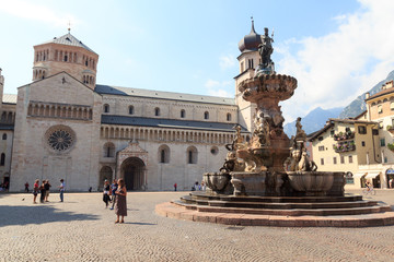 Naklejka premium Church Trento Cathedral and Fountain of Neptune, Italy