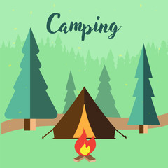 Forest illustration in flat style with tent and campfire. Background for summer camp, nature tourism, camping design concept. Stock vector illustration