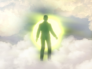 silhouete of a man with rays of light emanating  as   a symbol of the power of thinking. Concept of psychiatry,  psychology,   religion. Ghost of a man taken up into heaven. 3d render