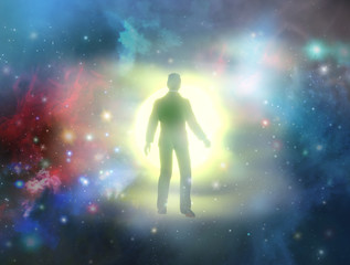 Fototapeta na wymiar silhouete of a man with rays of light emanating as a symbol of the power of thinking. Concept of psychiatry, psychology, religion. Ghost of a man taken up into heaven. 3d render