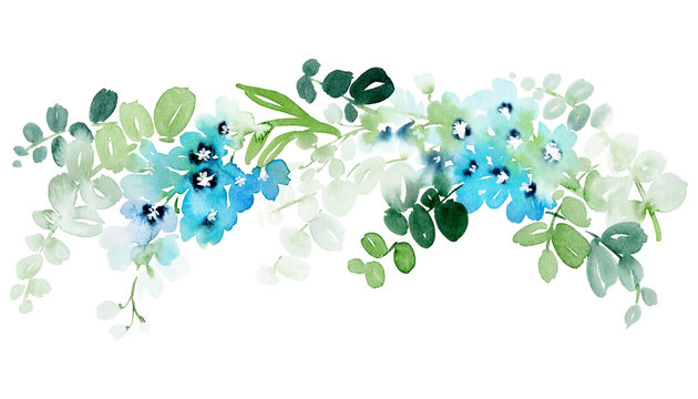 Gentle watercolor card in with blue spring flowers on a white background