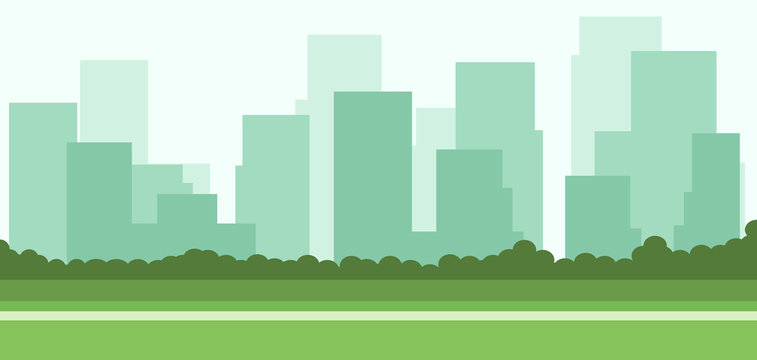 Abstract green 2d background with city and skyscrapers