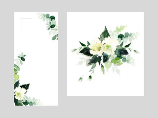 Menu postcard and flower bouquet, watercolor set for wedding
