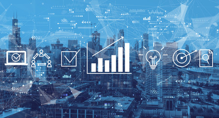 Marketing concept with downtown Chicago cityscape skyscrapers