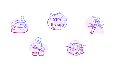 Line massage wellness icons set of spa stones, bamboo, hot rolled towels, candles. Relaxation therapy concept with logo design. Alternative oriental zen. Vector logo pictogram drawing isolated.