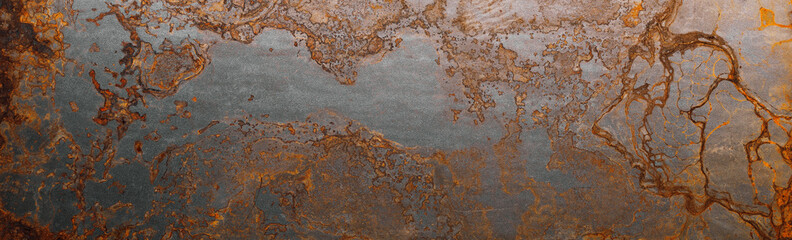 Steel textured metal sheet with heavy rust. Background banner. Top view. Flat lay