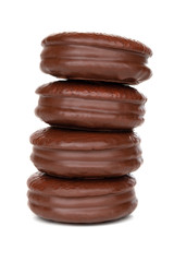 Choco pie on a white background. Chocolate covered mini cakes close-up.