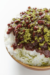 Sweet red beans shaved ice with matcha green tea powder 