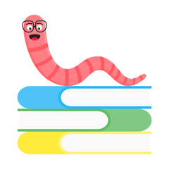 Cartoon style earthworm with book and glasses vector illustration isolated on white background. Funny worm with glasses read a book.