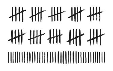 Tally marks on white board hand drawn dirty art style vector illustration set.