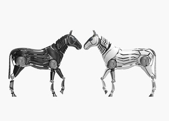 Mechanical horses on white backgroud . 3d render