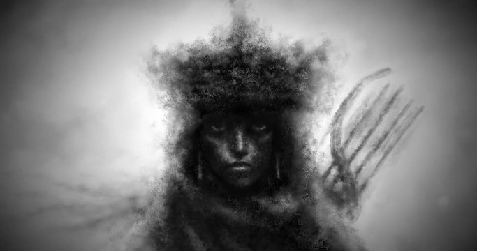 Tibetan girl archer in national costume and looks forward. Black and white animation in horror fantasy genre with coal and noise effect. Beautiful young woman with developing hair in the wind. 
