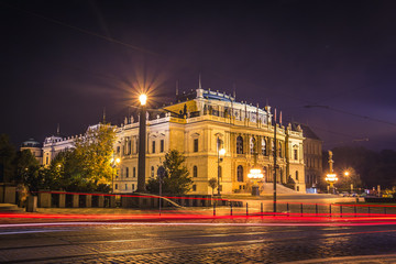 The building of Rudolfiunum concert halls on Jan Palach Square in Prague, Czech Republic - Night...