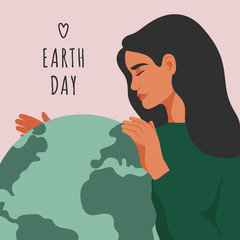Earth day greeting card. Young woman is embracing green planet Earth with care and love. Environment conservation and energy saving vector concept.