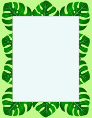 Green summer frame with tropical monstera leaves. Vector green frame with copy space for your text or images. Vertical frame with plants to decorate your content.
