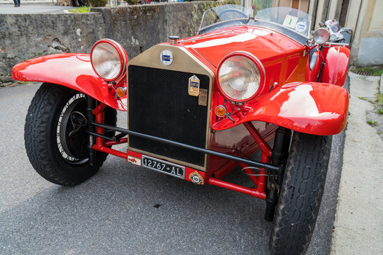 Antique car: Lancia Lambda at the international classic car rally in Fobello, the birthplace of Vincenzo Lancia, the founder of the car company. Fobello, Italy, September 03, 2016.