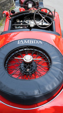 Antique car: Lancia Lambda at the international classic car rally in Fobello, the birthplace of Vincenzo Lancia, the founder of the car company. Fobello, Italy, September 03, 2016.