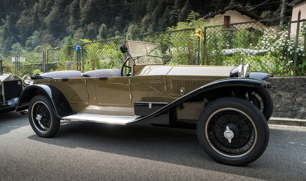 Antique car: Lancia Lambda at the international classic car rally in Fobello, the birthplace of Vincenzo Lancia, the founder of the car company. Fobello, Italy, September 03, 2016.