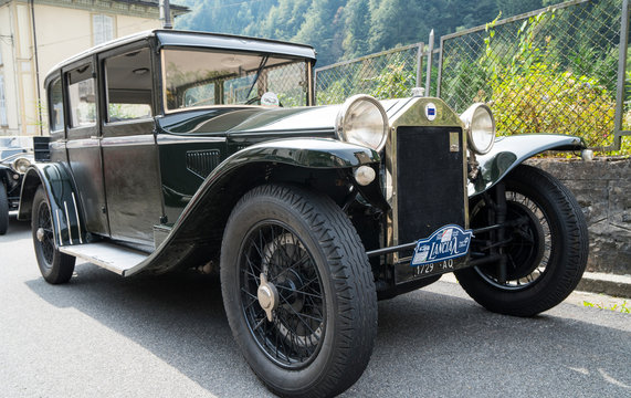 Antique car: Lancia Lambda at the international classic car rally in Fobello, the birthplace of Vincenzo Lancia, the founder of the car company. Fobello, Italy, September 03, 2016.