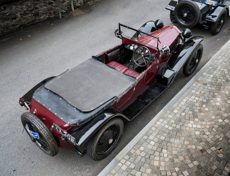Antique car: Lancia Lambda at the international classic car rally in Fobello, the birthplace of Vincenzo Lancia, the founder of the car company. Fobello, Italy, September 03, 2016.