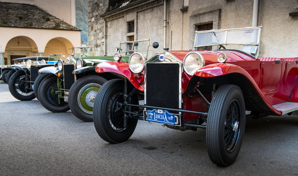 Antique car: Lancia Lambda at the international classic car rally in Fobello, the birthplace of Vincenzo Lancia, the founder of the car company. Fobello, Italy, September 03, 2016.