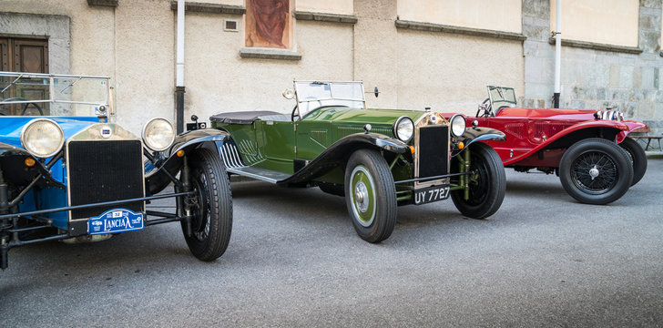 Antique car: Lancia Lambda at the international classic car rally in Fobello, the birthplace of Vincenzo Lancia, the founder of the car company. Fobello, Italy, September 03, 2016.