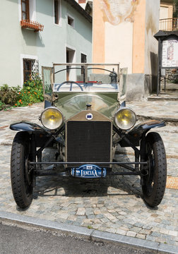 Antique car: Lancia Lambda at the international classic car rally in Fobello, the birthplace of Vincenzo Lancia, the founder of the car company. Fobello, Italy, September 03, 2016.