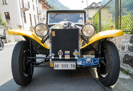 Antique car: Lancia Lambda at the international classic car rally in Fobello, the birthplace of Vincenzo Lancia, the founder of the car company. Fobello, Italy, September 03, 2016.
